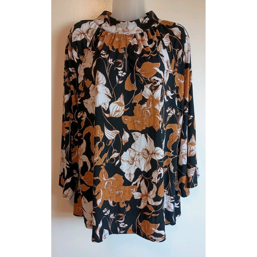 Cato Floral Blouse L Boho Romantic Split Bell Sleeve Mock Neck Flowy Soft Glam